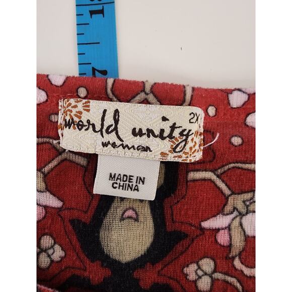 WORLD UNITY Red Pink White Beaded Boho Hippie Short Sleeve Top SZ 2X - Picture 5 of 8